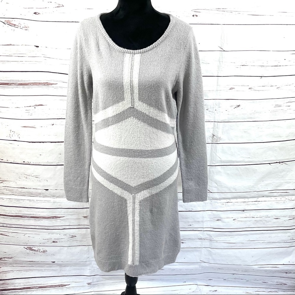BCBG MAXAZRIA Sweater Dress Size L Boat Neck Long Sleeve Wool Blend Taupe